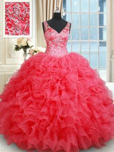 Pretty Backless Floor Length Coral Red Vestidos de Damas Organza Sleeveless Beading and Ruffles