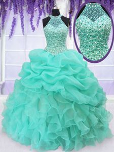 Hot Selling Halter Top Sleeveless Lace Up Floor Length Beading and Ruffles and Pick Ups Ball Gown Prom Dress