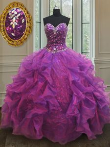 Luxury Purple Ball Gowns Organza Sweetheart Sleeveless Beading and Ruffles and Sequins Floor Length Lace Up Sweet 16 Dresses