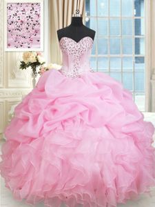 Suitable Sleeveless Taffeta and Tulle Floor Length Lace Up Quinceanera Gowns in Pink And White for with Beading and Pick Ups and Hand Made Flower