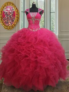 Superior Square Tulle Cap Sleeves Floor Length Sweet 16 Dress and Beading and Ruffles