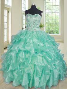 New Style Apple Green Sleeveless Beading and Ruffles Floor Length Quince Ball Gowns