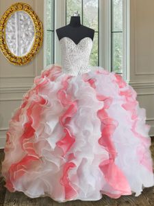 Admirable Pink And White Ball Gowns Beading and Ruffles Dama Dress for Quinceanera Lace Up Organza Sleeveless Floor Length