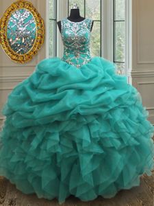 Most Popular Straps Sleeveless Organza Quinceanera Dress Beading and Ruffles and Pick Ups Zipper