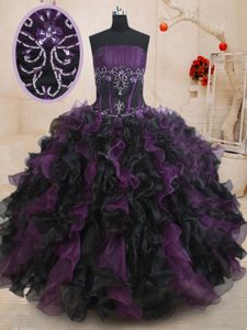 Black And Purple Sleeveless Beading and Ruffles Floor Length Vestidos de Quinceanera