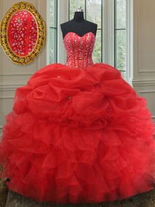 Red Sweetheart Neckline Beading and Ruffles and Pick Ups Ball Gown Prom Dress Sleeveless Lace Up