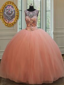 Flirting Sequins Ball Gowns Quinceanera Dresses Peach Scoop Tulle Sleeveless Floor Length Lace Up