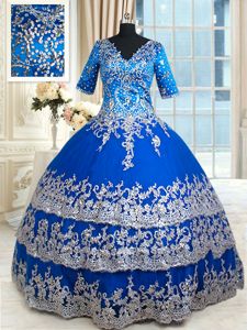 Enchanting Half Sleeves Floor Length Zipper Vestidos de Quinceanera Royal Blue and In for Military Ball and Sweet 16 and Quinceanera with Beading and Lace and Ruffled Layers