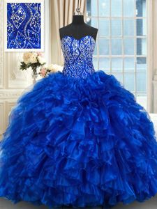 Royal Blue Ball Gowns Sweetheart Sleeveless Organza With Brush Train Lace Up Beading and Ruffles Quinceanera Dress