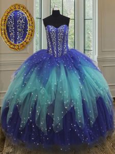 Royal Blue and Aqua Blue Sweetheart Neckline Beading and Ruffles Ball Gown Prom Dress Sleeveless Lace Up