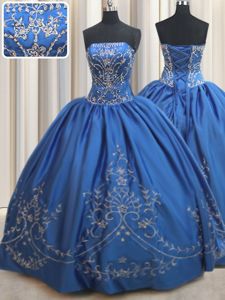 Fashion Strapless Sleeveless Lace Up Quince Ball Gowns Royal Blue Satin