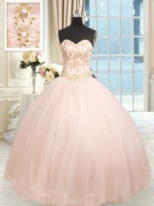 Trendy Beading and Embroidery Quinceanera Gown Baby Pink Lace Up Sleeveless Floor Length