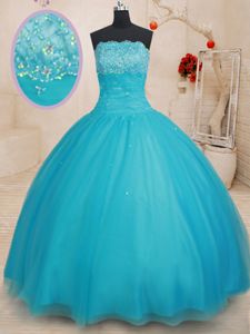 Custom Made Scalloped Aqua Blue Tulle Lace Up Quinceanera Dresses Sleeveless Floor Length Beading