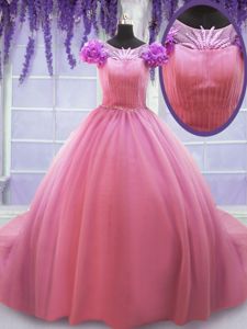 Rose Pink Sweet 16 Quinceanera Dress Scoop Cap Sleeves Court Train Lace Up