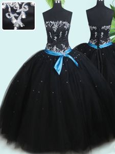 Elegant Sleeveless Tulle Floor Length Lace Up Quince Ball Gowns in Black for with Beading and Belt