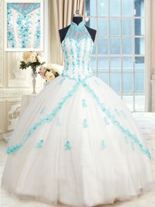 Custom Designed White Ball Gowns Halter Top Sleeveless Tulle Floor Length Lace Up Beading and Appliques Vestidos de Damas