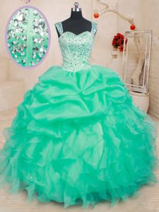 Fashionable Organza Sleeveless Floor Length Quince Ball Gowns and Beading and Ruffles