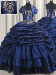 Inexpensive Navy Blue Lace Up Quinceanera Dresses Embroidery and Pick Ups Sleeveless With Train Court Train