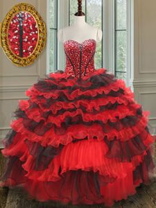 Exquisite Red And Black Ball Gowns Beading 15 Quinceanera Dress Lace Up Organza Sleeveless Floor Length