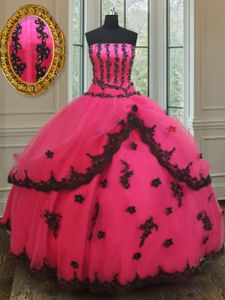 Floor Length Lace Up 15th Birthday Dress Hot Pink and In for Military Ball and Sweet 16 and Quinceanera with Beading and Appliques