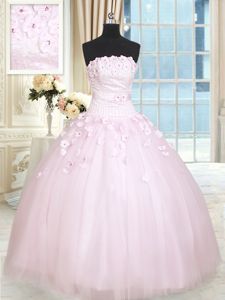 Stylish Baby Pink Sleeveless Beading and Appliques Floor Length Quince Ball Gowns