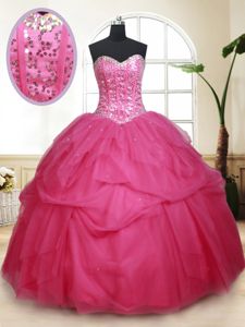 Ideal Hot Pink Sweetheart Neckline Beading and Ruffles and Sequins Sweet 16 Dresses Sleeveless Lace Up