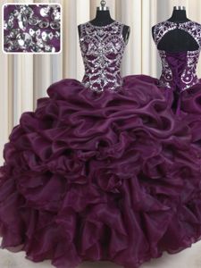 Scoop Sleeveless Organza Floor Length Lace Up Quinceanera Gowns in Dark Purple for with Beading and Ruffles and Pick Ups