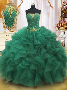 Customized Dark Green Strapless Neckline Beading and Ruffles Court Dresses for Sweet 16 Sleeveless Lace Up