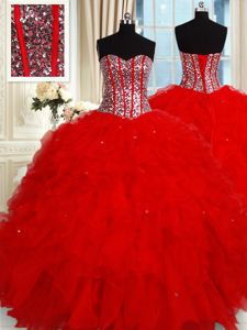 Red Lace Up Quince Ball Gowns Ruffles and Sequins Sleeveless Floor Length