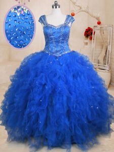 Nice Straps Straps Cap Sleeves Tulle Floor Length Lace Up Sweet 16 Quinceanera Dress in Blue for with Beading and Ruffles