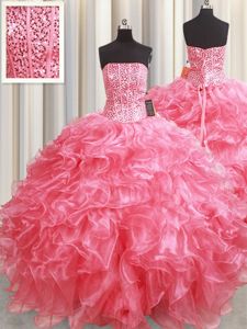 Sleeveless Floor Length Beading and Ruffles Lace Up Sweet 16 Dresses with Pink