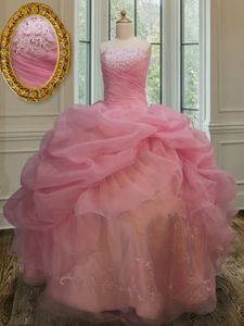 Pick Ups Ball Gowns Quince Ball Gowns Pink Strapless Organza Sleeveless Floor Length Lace Up