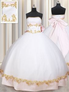 Colorful White Satin Lace Up Quinceanera Dress Sleeveless Floor Length Beading and Appliques and Bowknot