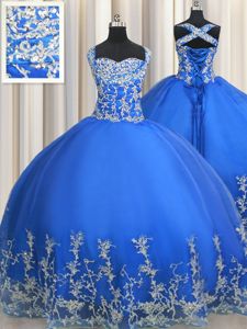 Romantic Straps Sleeveless Lace Up Sweet 16 Dresses Blue Tulle