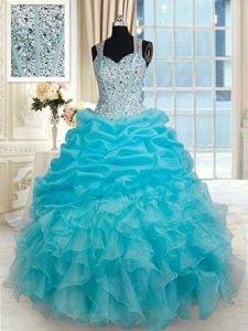 Straps Straps Sleeveless Floor Length Beading and Ruffles and Pick Ups Zipper Quinceanera Dresses with Aqua Blue