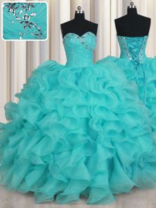 Sweetheart Sleeveless Lace Up Sweet 16 Quinceanera Dress Aqua Blue Organza