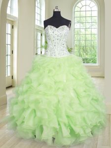 Flare Yellow Green Ball Gowns Organza Sweetheart Sleeveless Beading and Ruffles Floor Length Lace Up 15th Birthday Dress