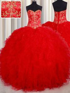 Red Sweetheart Lace Up Beading and Embroidery Quinceanera Dress Sleeveless