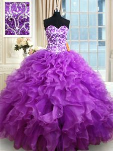 Sleeveless Floor Length Beading and Ruffles Lace Up 15th Birthday Dress with Eggplant Purple