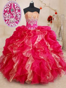 Red Vestidos de Quinceanera Military Ball and Sweet 16 and Quinceanera and For with Beading and Ruffles Sweetheart Sleeveless Lace Up