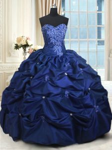 Pick Ups Ball Gowns Quinceanera Dress Navy Blue Sweetheart Taffeta Sleeveless Floor Length Lace Up