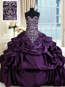 Vintage Sweetheart Sleeveless Damas Dress Floor Length Beading and Embroidery and Pick Ups Purple Taffeta