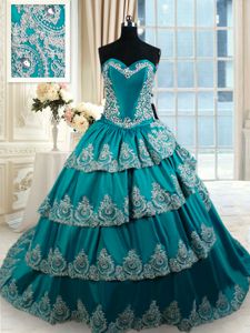 Pretty Teal Ball Gowns Sweetheart Sleeveless Taffeta Floor Length Lace Up Beading and Embroidery and Ruffled Layers Sweet 16 Dresses