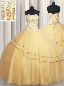 Perfect Sweetheart Sleeveless 15th Birthday Dress Floor Length Beading and Sequins Gold Tulle