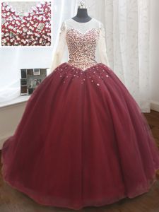 Scoop Wine Red Lace Up 15 Quinceanera Dress Beading and Sequins Long Sleeves Court Train