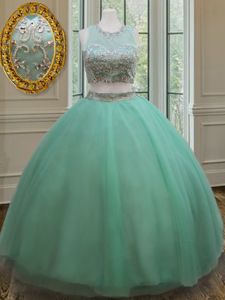 Apple Green Tulle Zipper Scoop Sleeveless Floor Length 15 Quinceanera Dress Beading