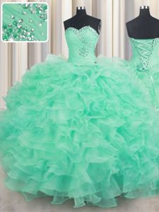 Elegant Sleeveless Organza Floor Length Lace Up 15 Quinceanera Dress in Turquoise for with Beading and Ruffles