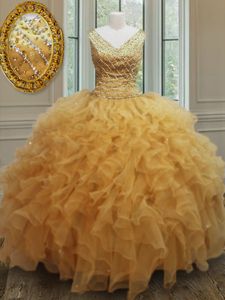 Nice Beading and Ruffles Sweet 16 Quinceanera Dress Gold Zipper Sleeveless Floor Length