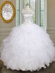 White Ball Gowns Scoop Sleeveless Organza Floor Length Lace Up Beading and Ruffles Sweet 16 Quinceanera Dress