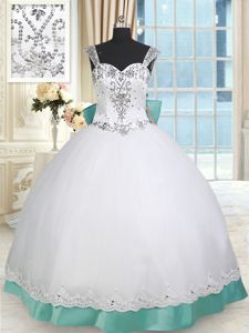 Best White and Green Taffeta and Tulle Lace Up Straps Sleeveless Floor Length Ball Gown Prom Dress Beading and Lace and Bowknot